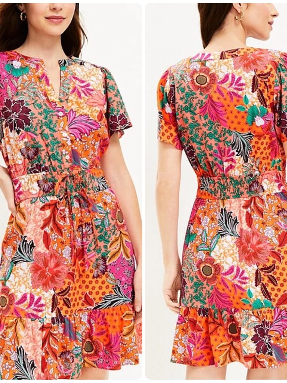 LOFT Patchwork Bloom Smocked Tie Waist Dress